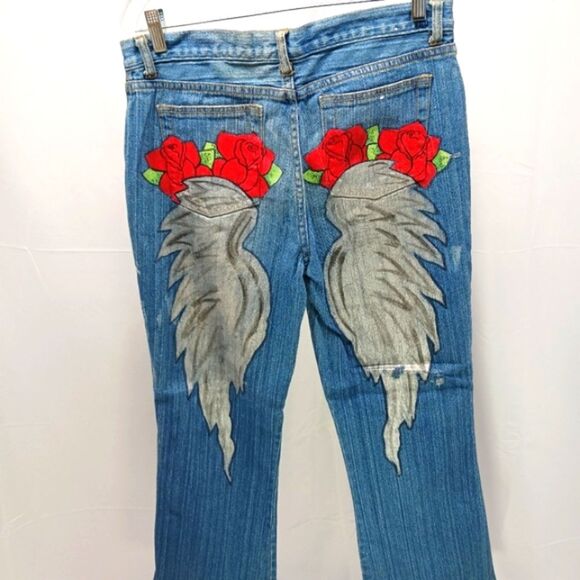 Y2K Custom Painted Distressed Bleached Denim Jeans Wearable Art Wings-Roses 12 - Picture 4 of 12